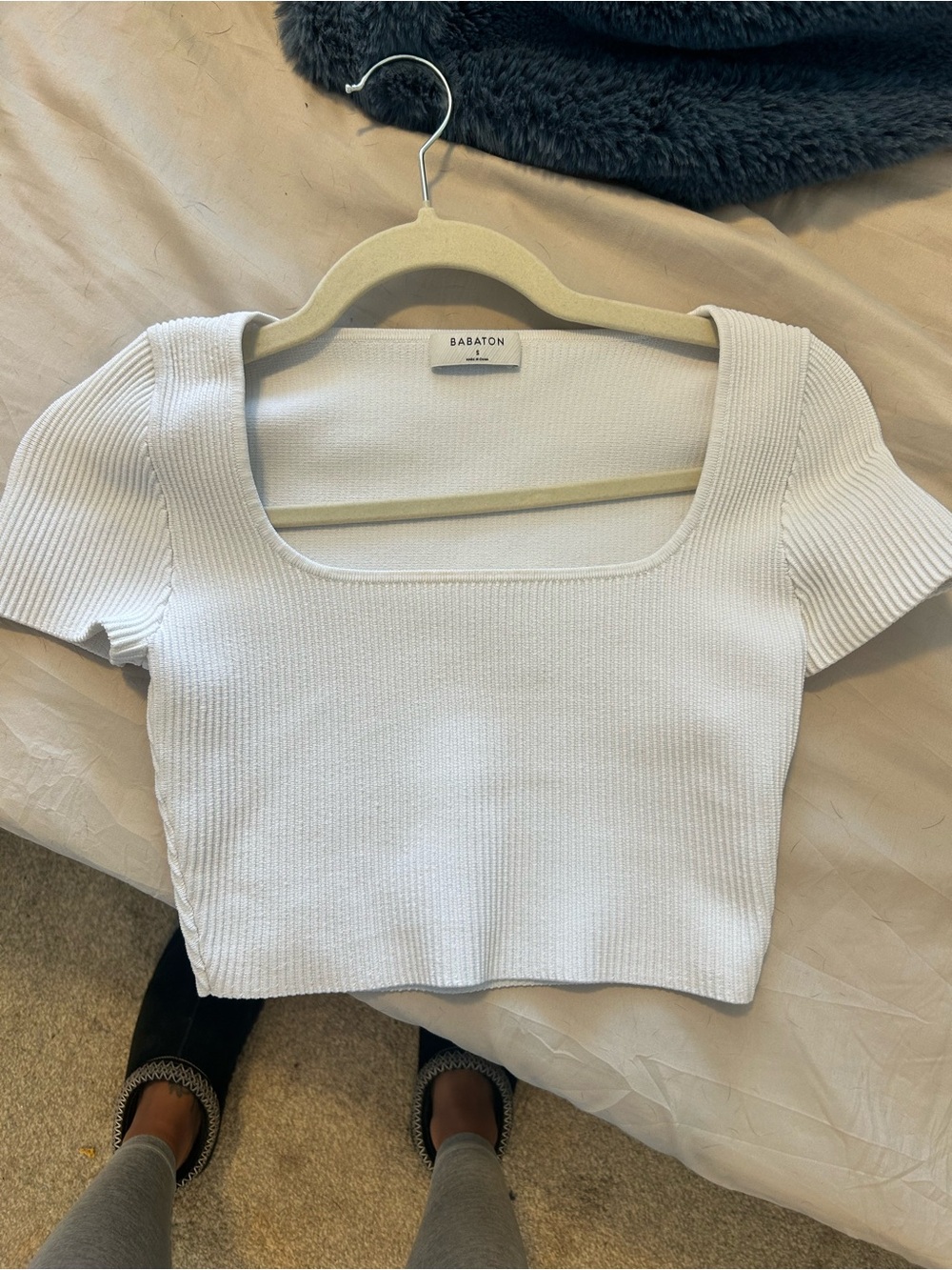 Babaton White Ribbed Square-Neck Crop Top